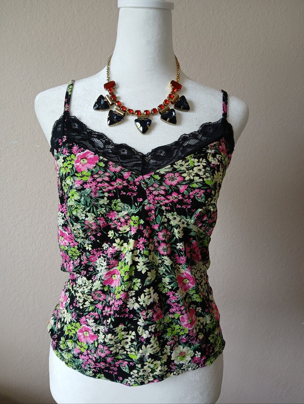 Black Floral Lace-Trim Cami Top - Unbranded